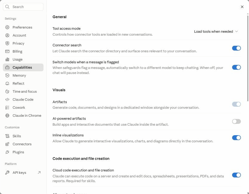 Settings, then Capabilities. The switch at the bottom is the one skills need.
