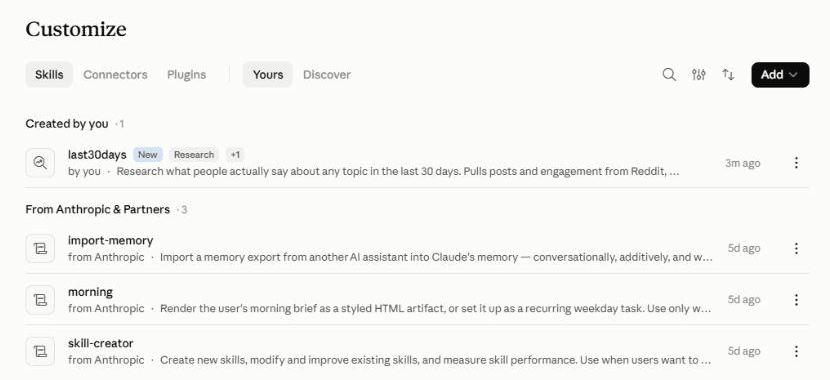 Done. It shows up under “Created by you” with the switch already on.